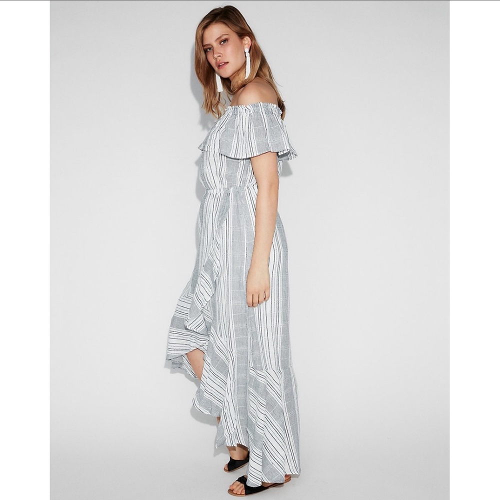 NWT Express Blue and White Ruffle Maxi Dress